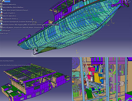 CATIA V5 R22 3D – 5 work boats with ice-breaking facilities, basic ship, outfitting, engine room, wheelhouse